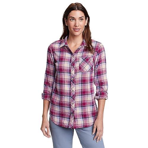 eddie bauer women's forest flannel shirt, plumwine, large