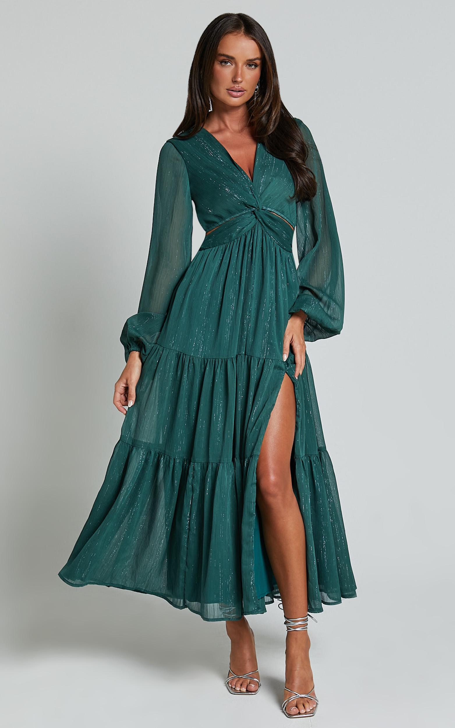 edelyn midi dress - cut out balloon sleeve tiered dress in emerald