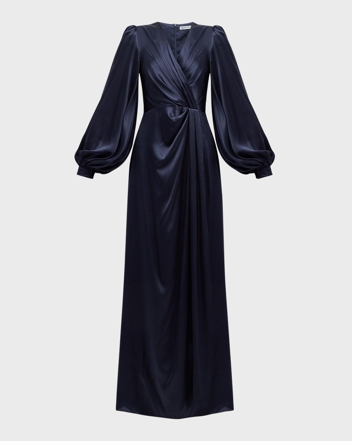 eden pleated balloon-sleeve silk gown