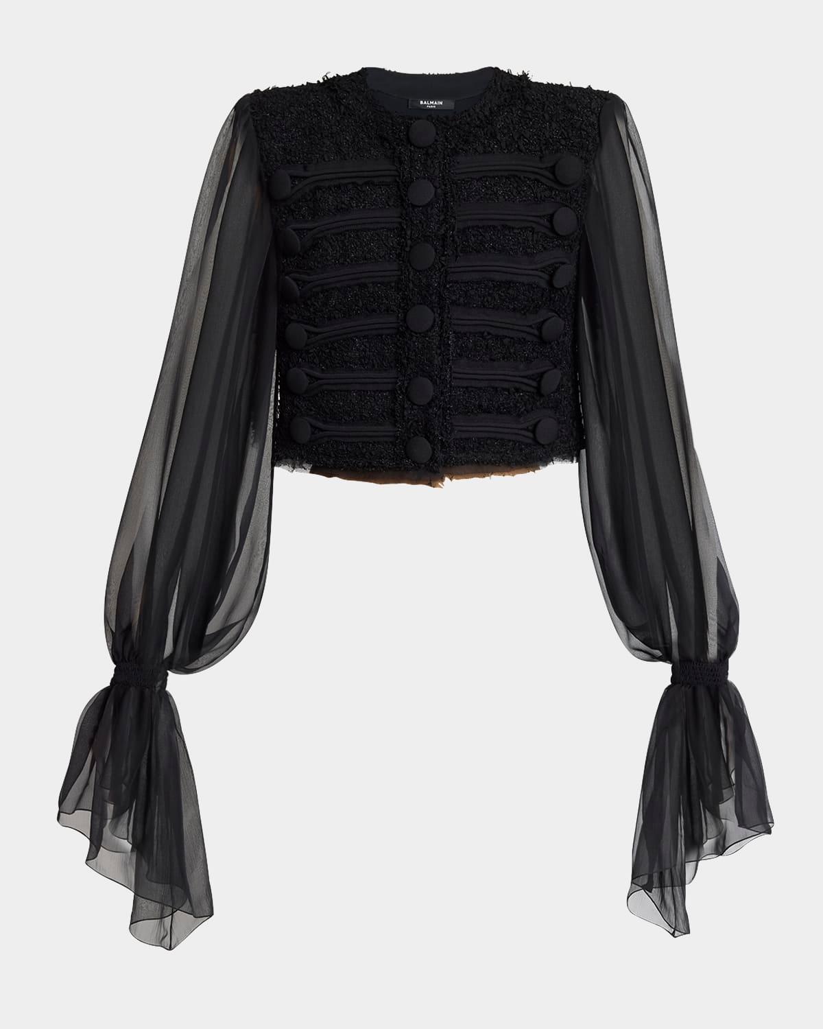 edge-to-edge tweed and chiffon jacket