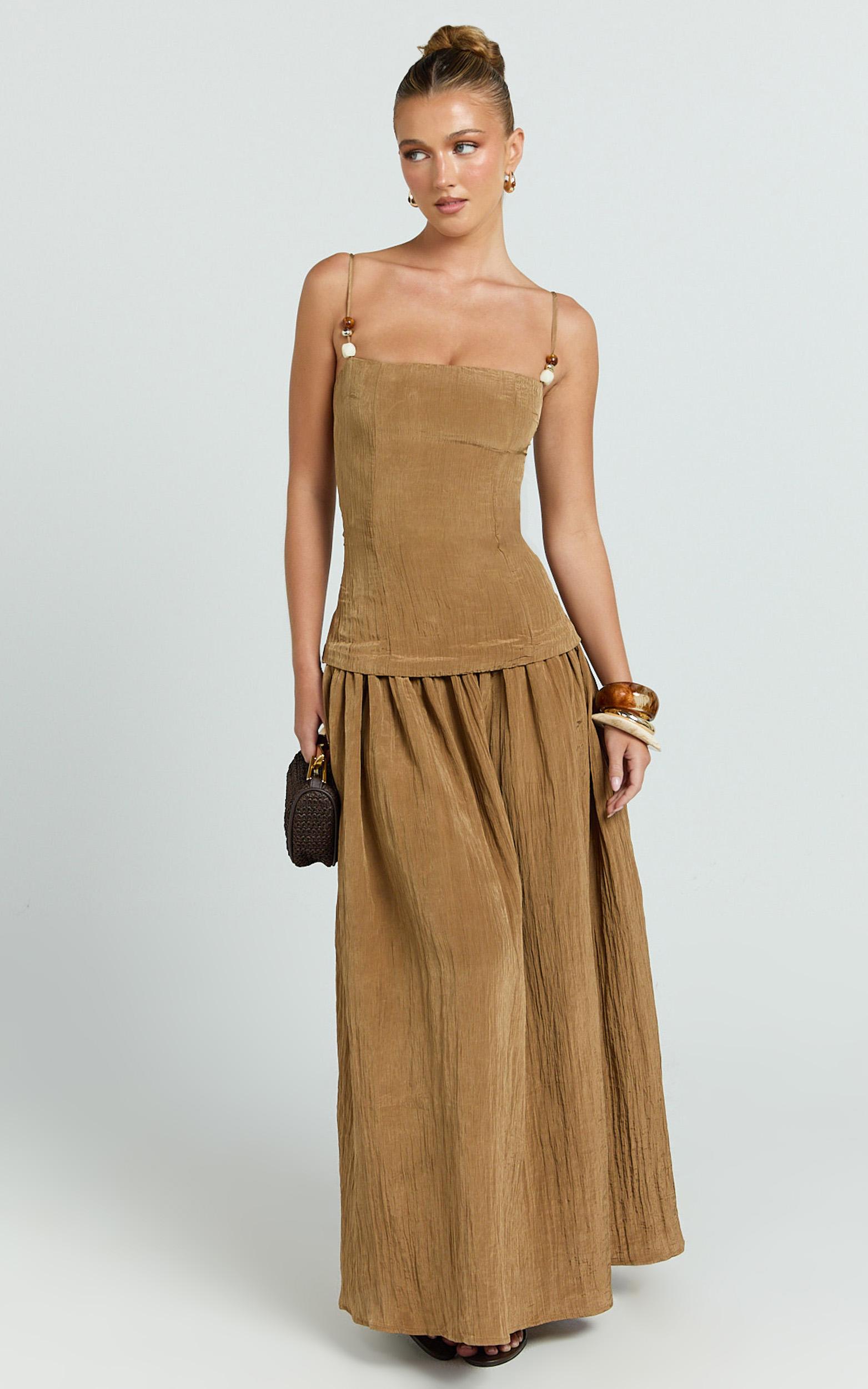 edie maxi dress - straight neck gathered drop waist dress in brown