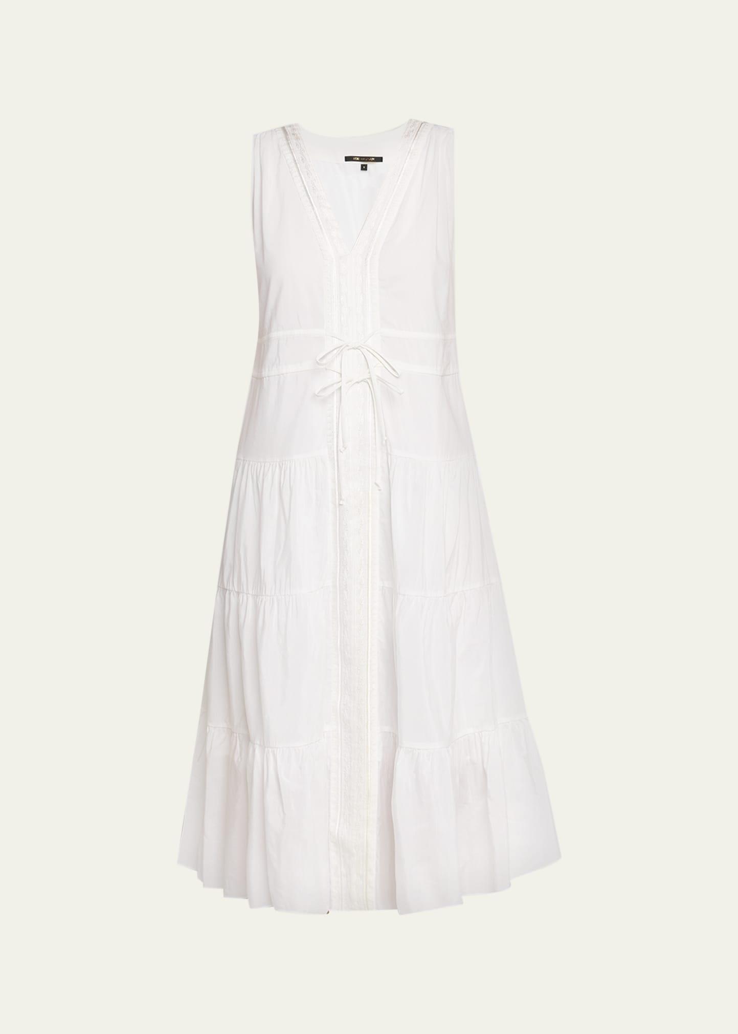 edison tiered geo-embroidered midi dress