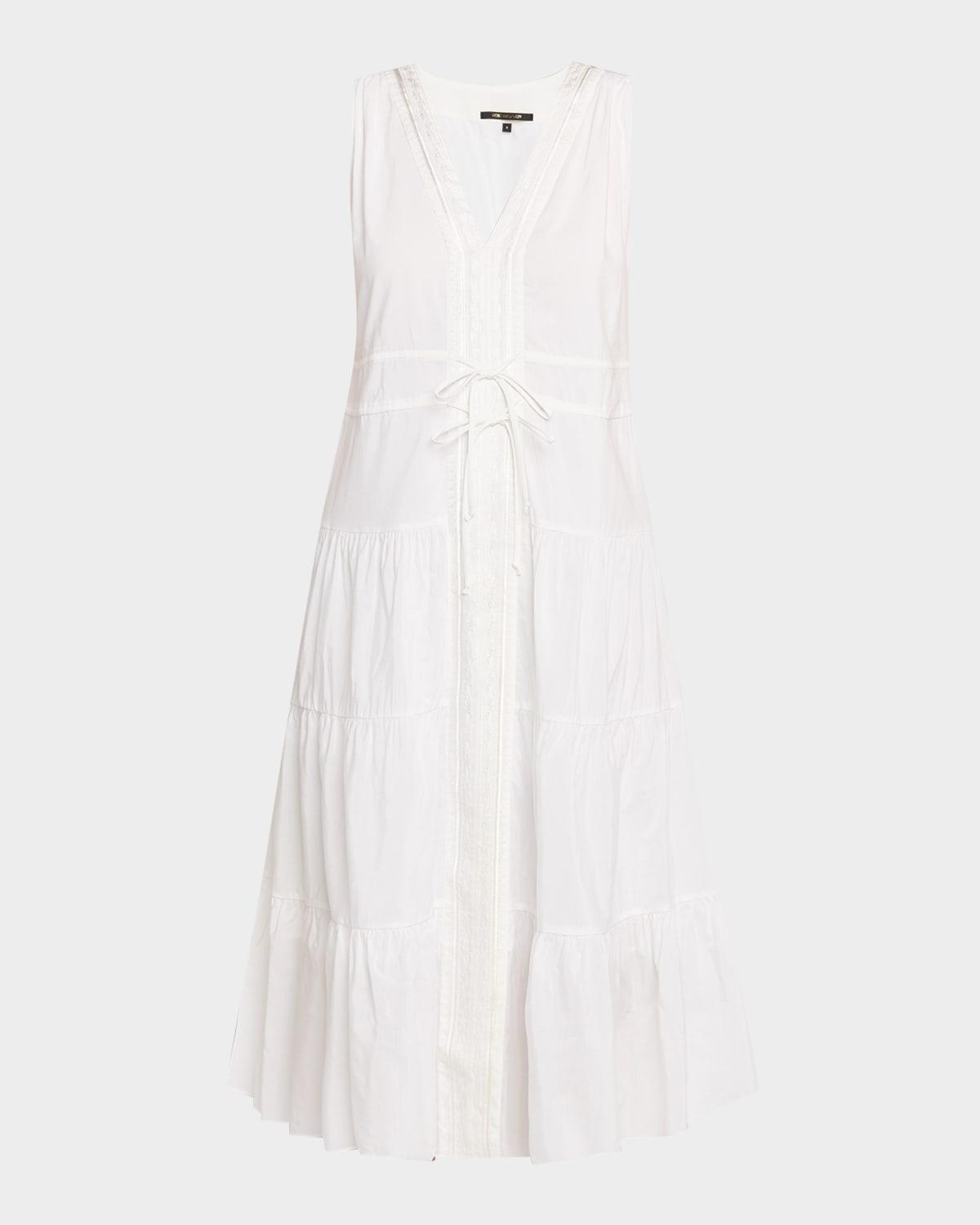 edison tiered geo-embroidered midi dress