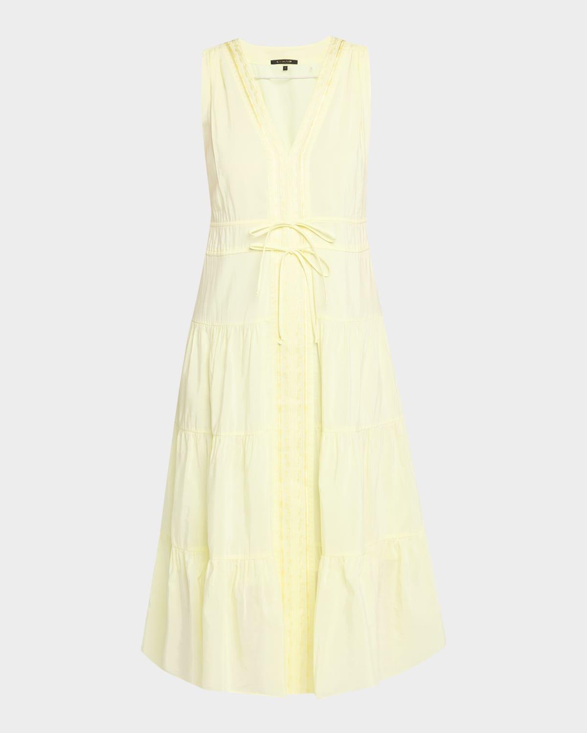 edison tiered geo-embroidered midi dress