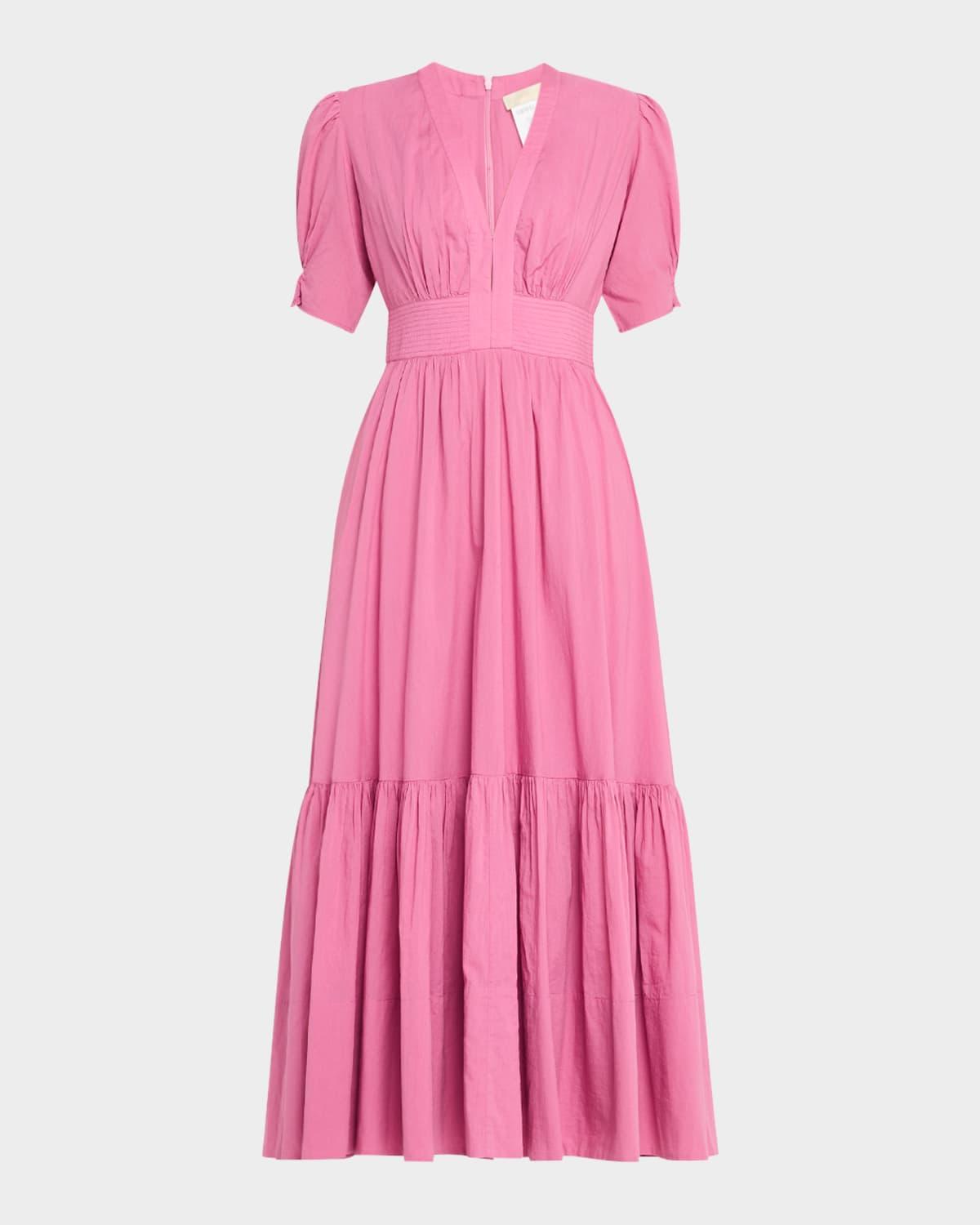 edorine ruched puff-sleeve cotton midi dress