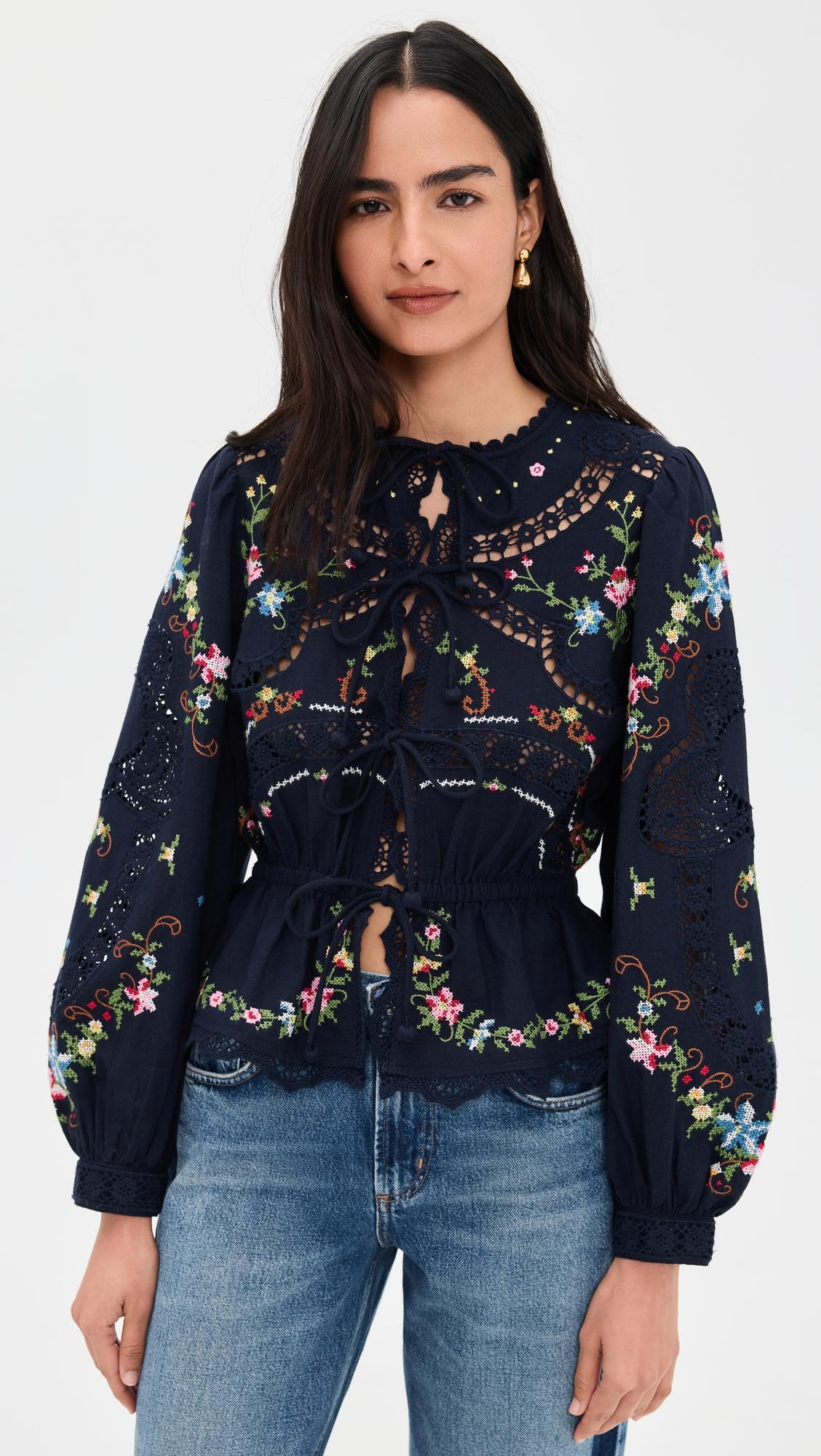 edwina embroidery tie front top