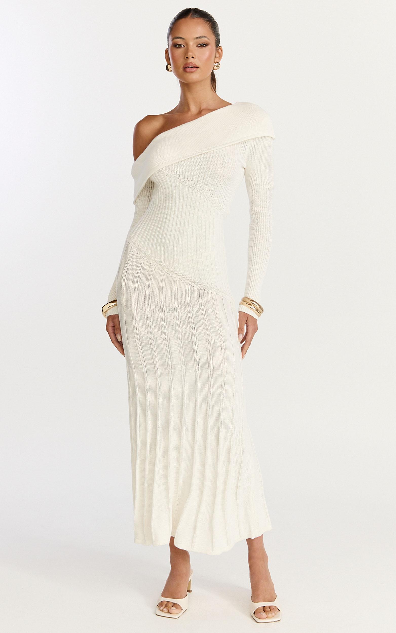 elaine midi dress - knit off shoulder asymmetric panel dress in cream
