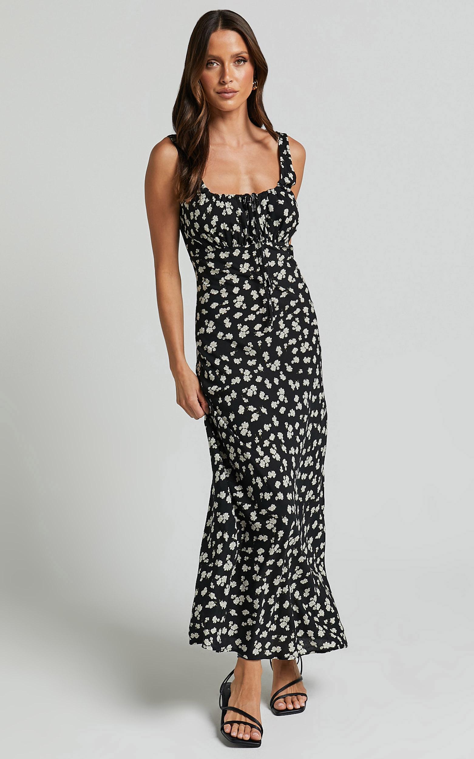 elanora midi dress - scoop neck keyhole front empire waist bias cut slip dress in black wildflower