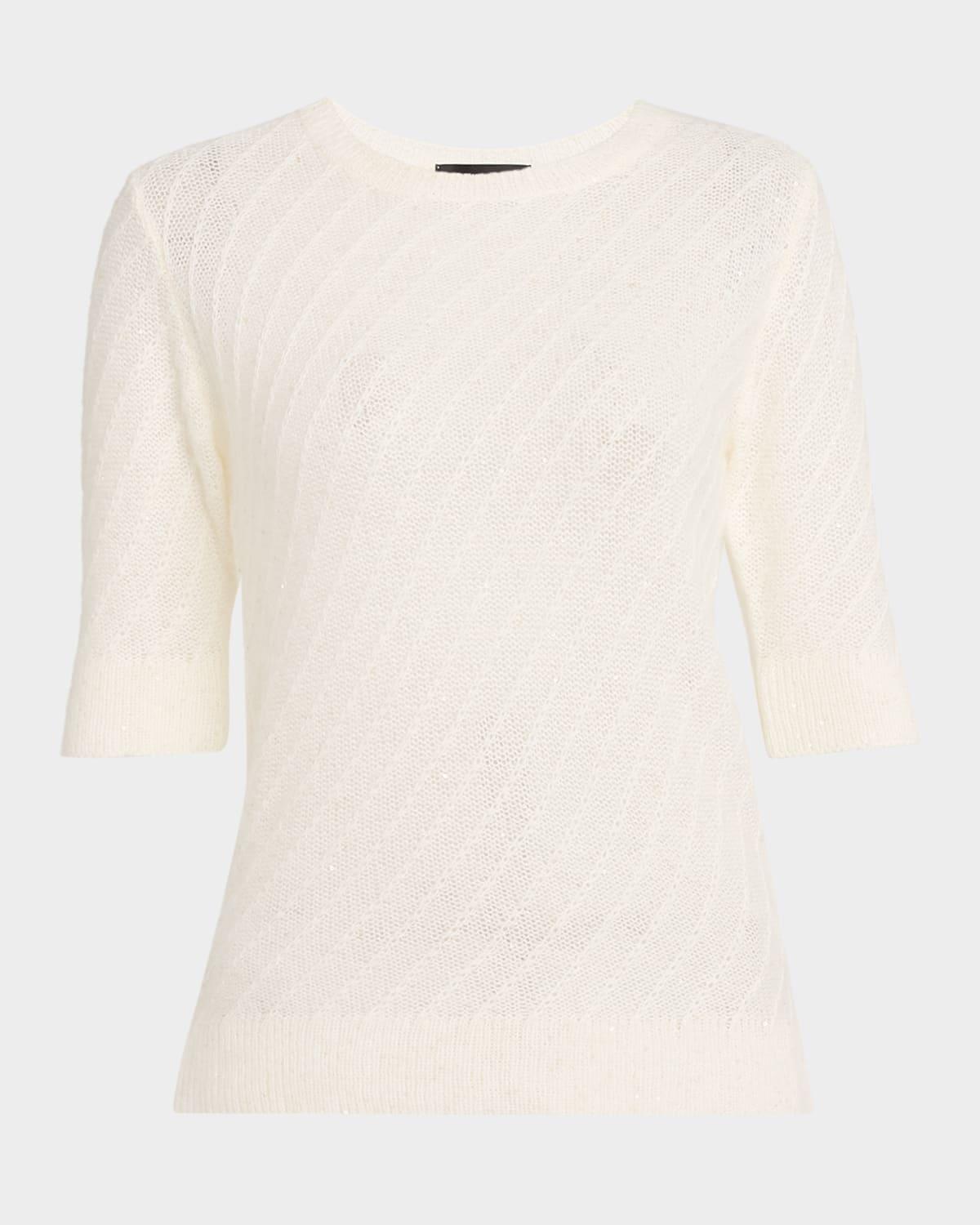 elbow-sleeve crewneck sequin sweater