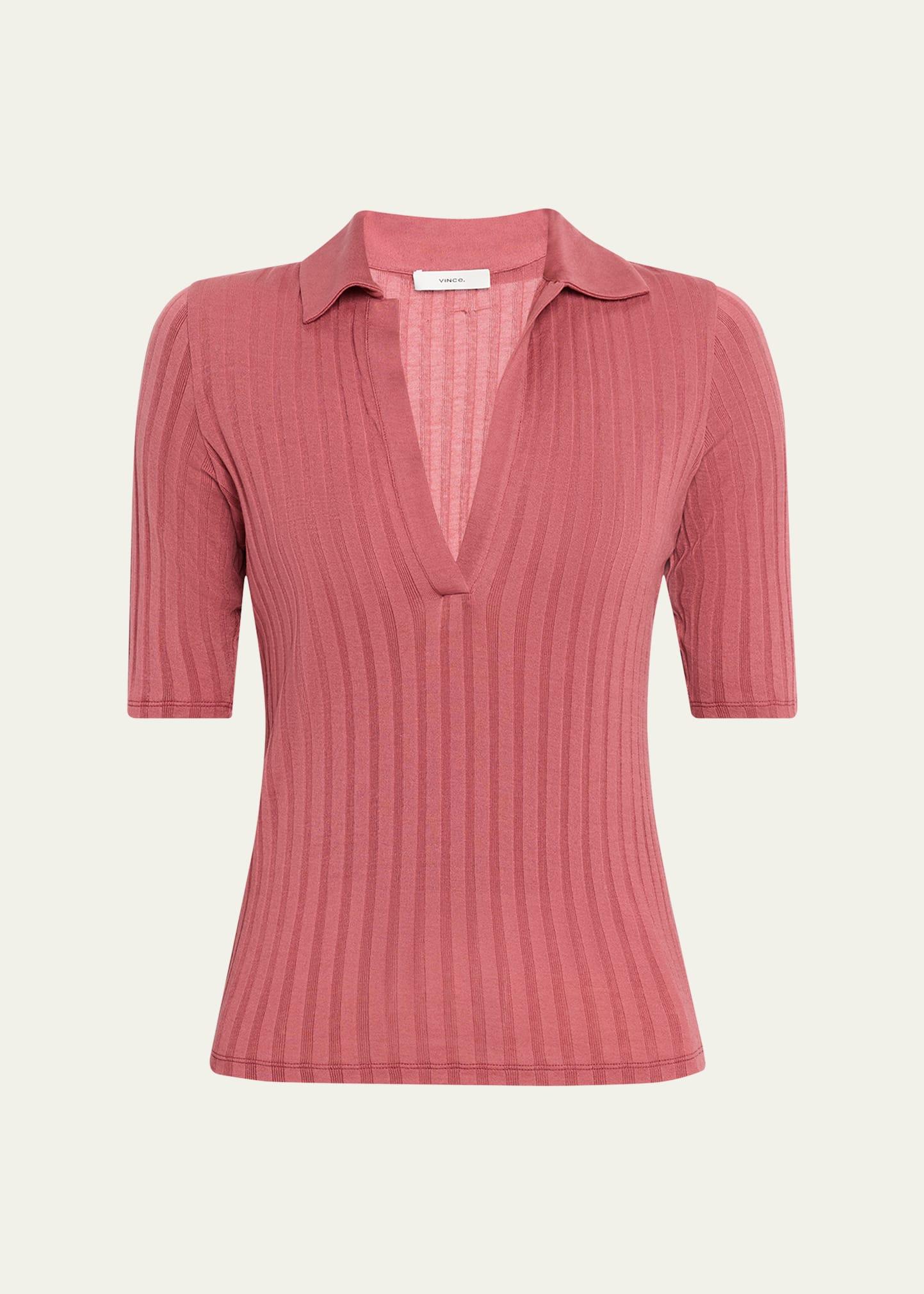 elbow-sleeve silk rib polo shirt