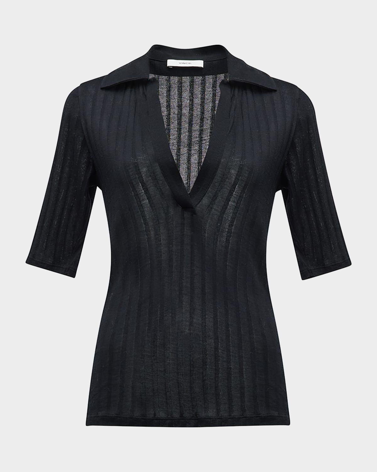 elbow-sleeve silk rib polo shirt