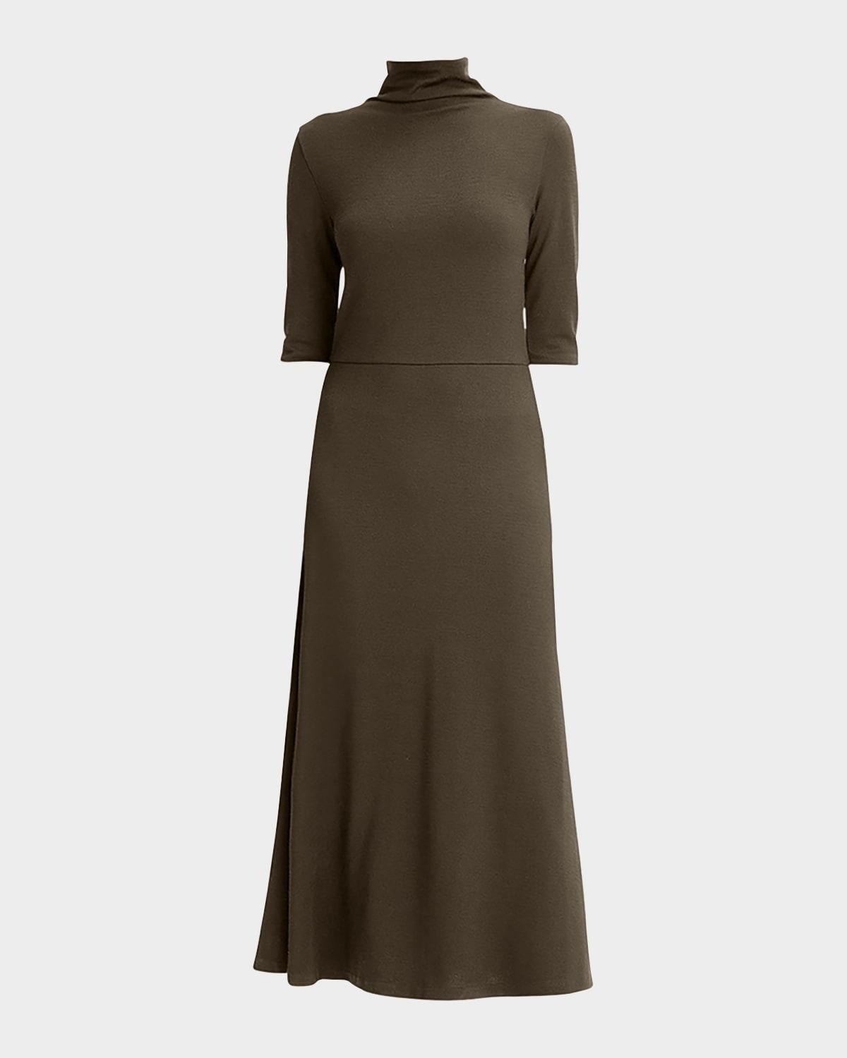 elbow-sleeve turtleneck midi dress