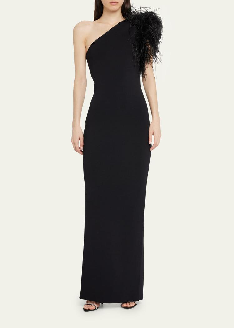 elcie one-shoulder column gown with feathers