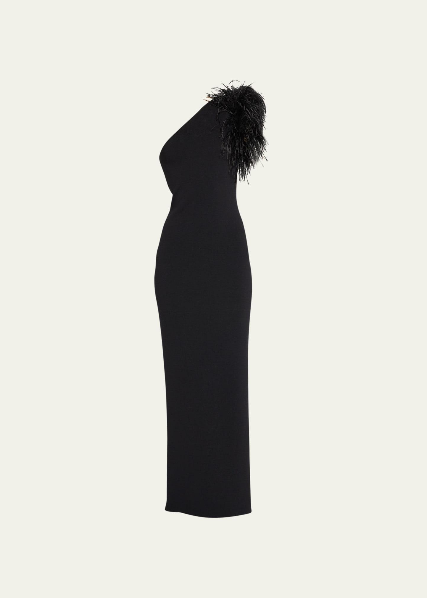 elcie one-shoulder column gown with feathers