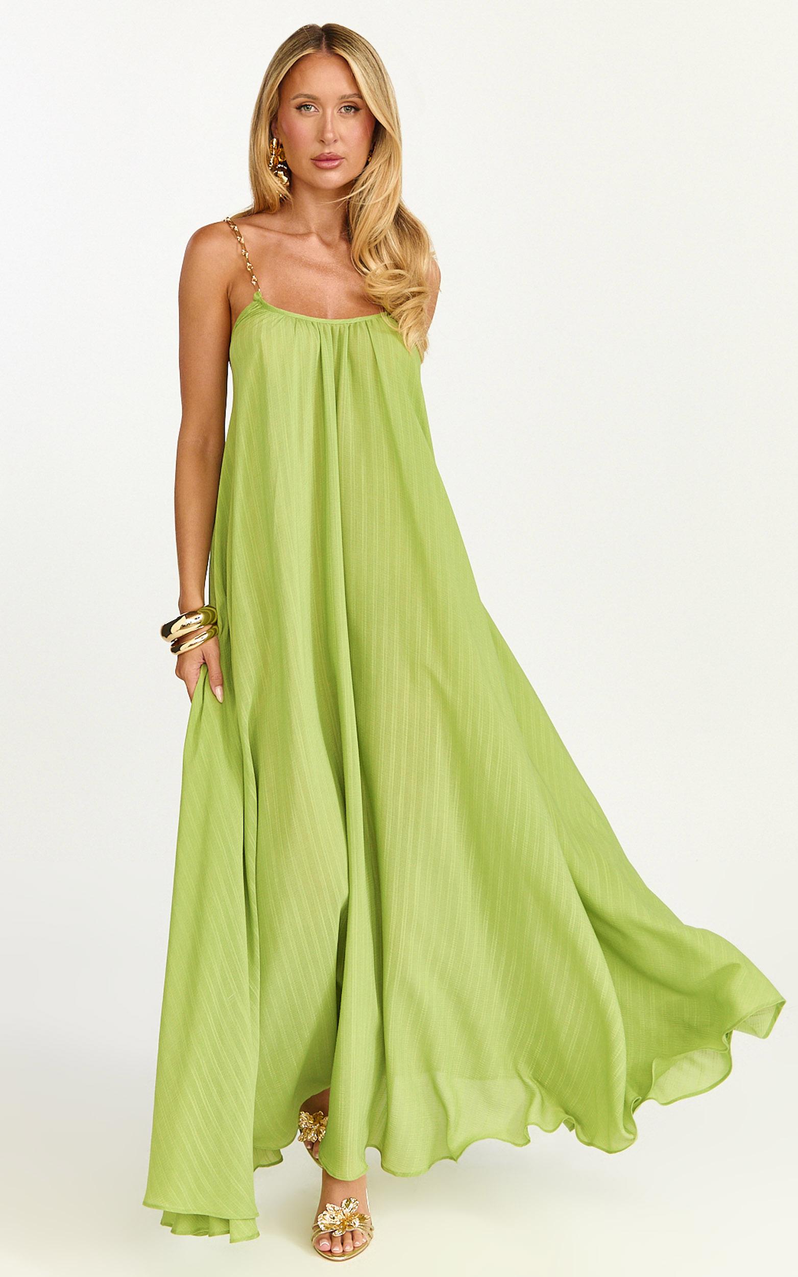 eliana maxi dress - v neck chain strap tie back shift dress in green