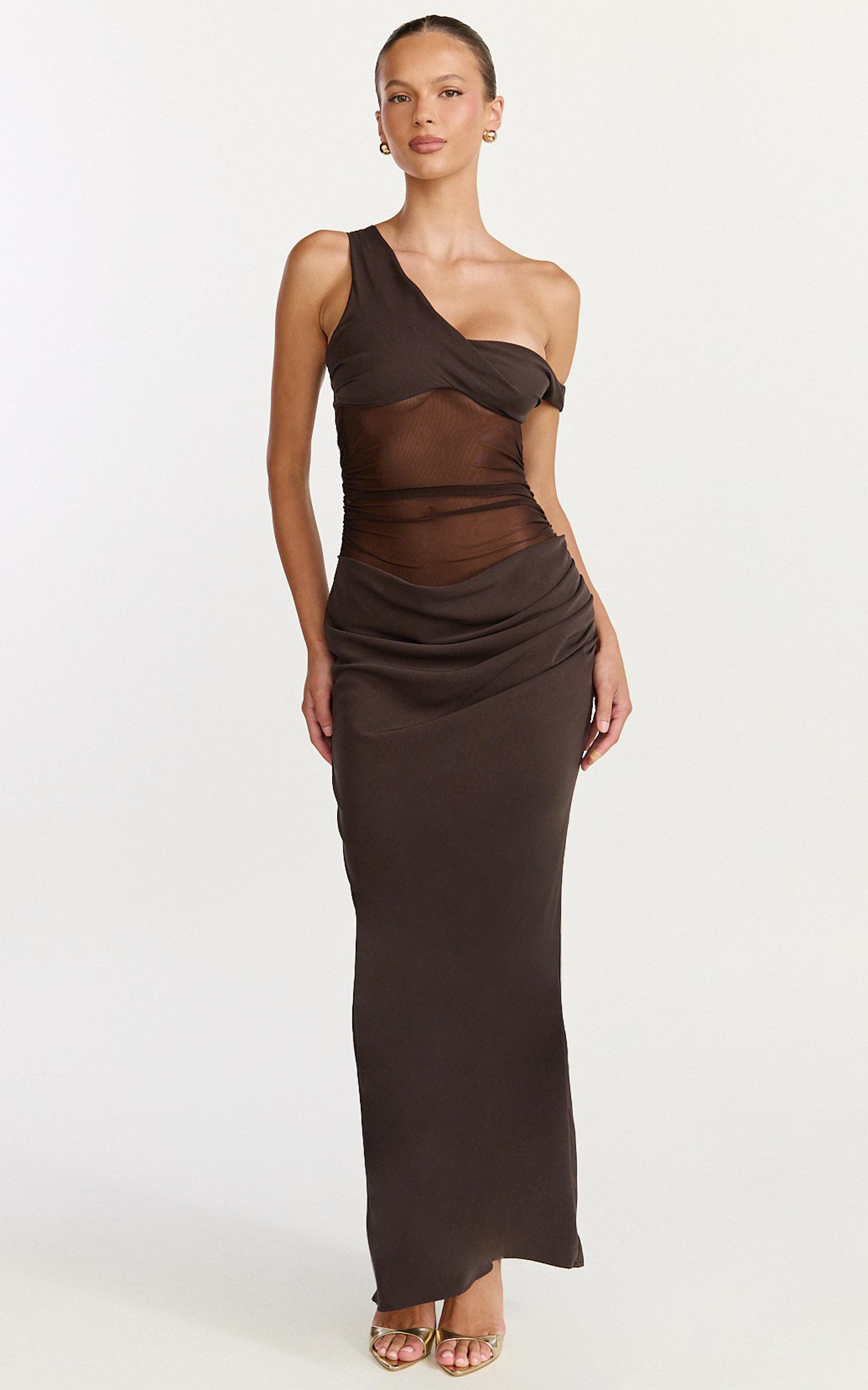 elias maxi dress - twisted one shoulder cowl dropped waist dress in chocolate