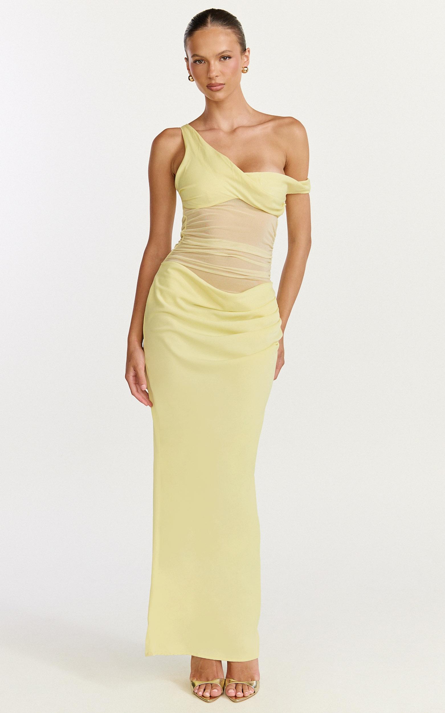 elias maxi dress - twisted one shoulder cowl dropped waist dress in lemon