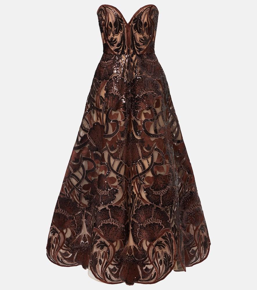 elie saab floral sequined strapless gown