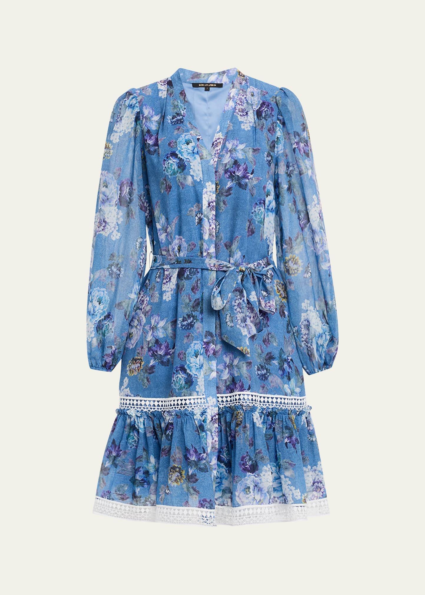 elisa long-sleeve floral lace-trim dress