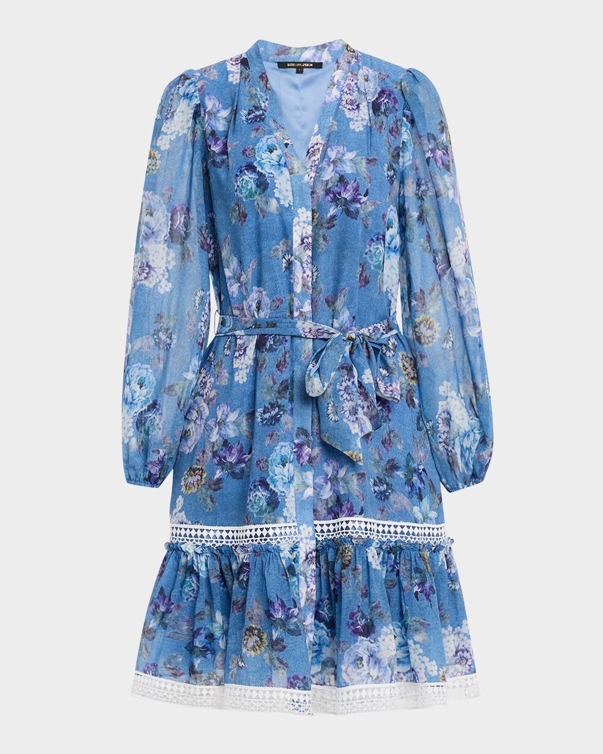 elisa long-sleeve floral lace-trim dress