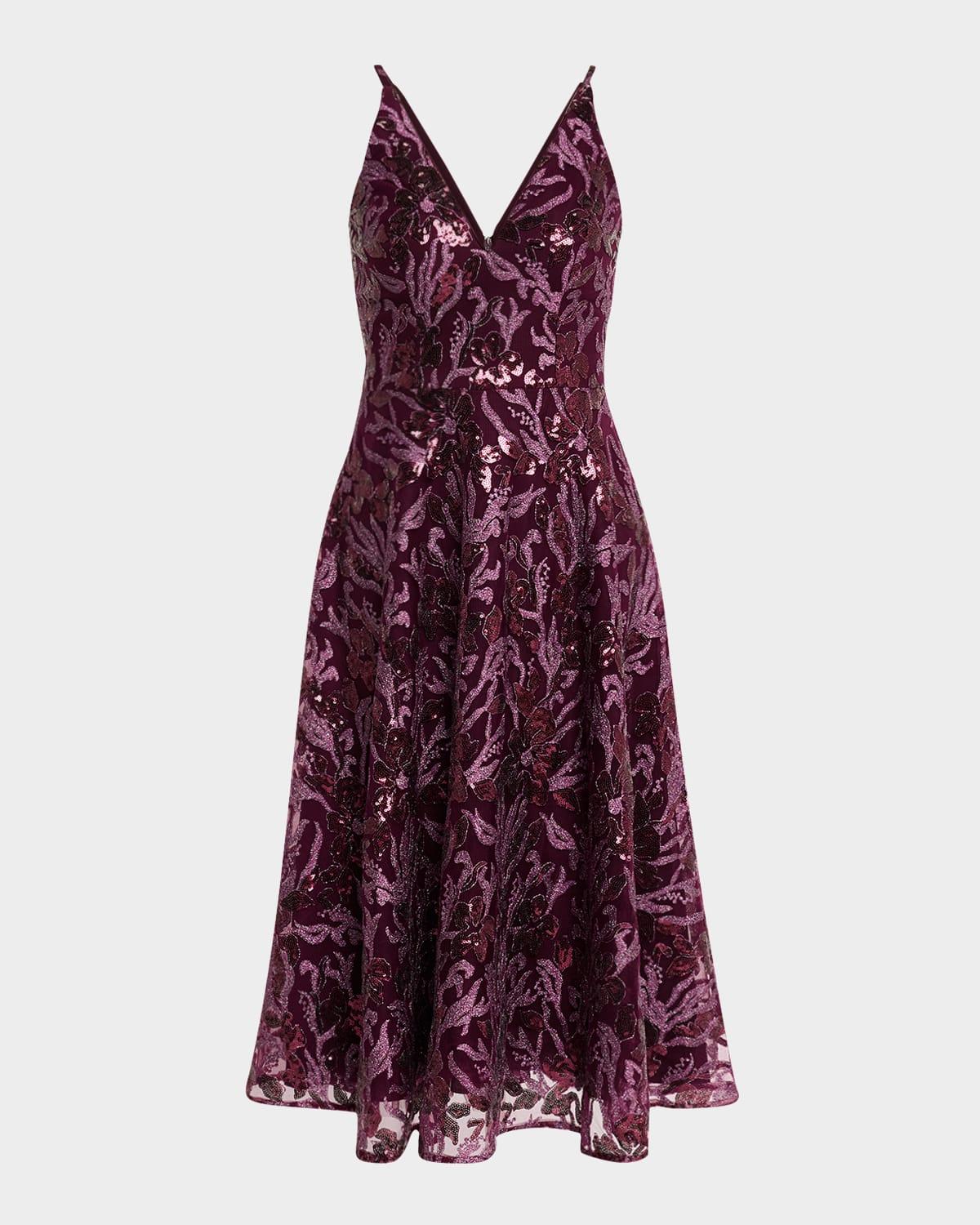 elisa sequin floral applique midi dress