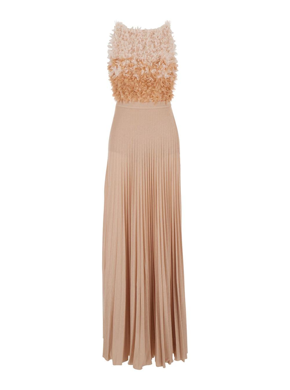 elisabetta franchi beige long dress with v-neck at the back and ruffle details on the front in viscose blend for women