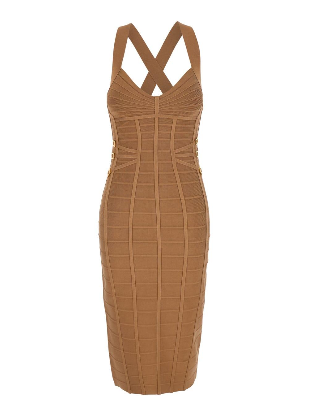 elisabetta franchi beige sleeveless sheath dress with zip closure on the back and 3d effect in viscose blend for women