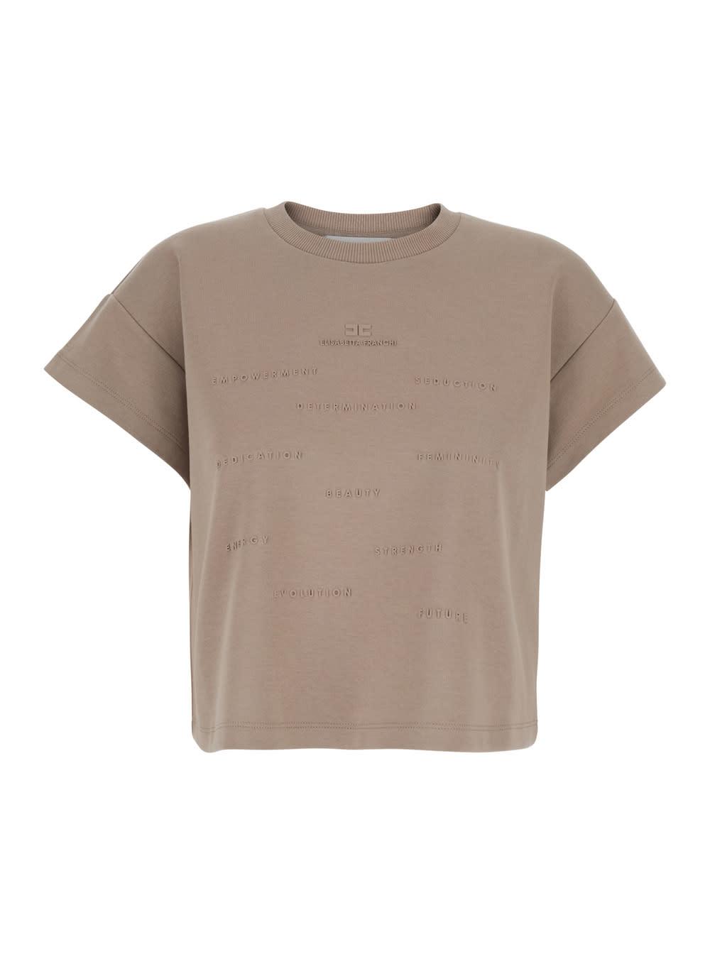 elisabetta franchi beige t-shirt with front lettering in stretch cotton for women