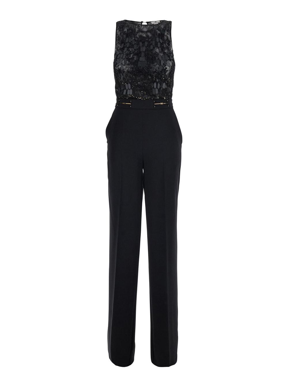 elisabetta franchi black sleeveless jumpsuit with round neck and lace embroidery on the upper part in stretch tech fabric for women