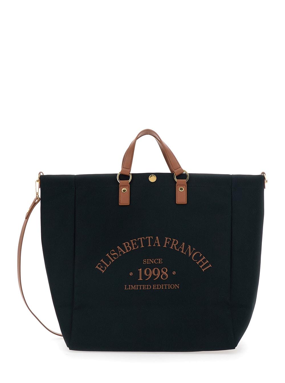 elisabetta franchi black tote bag with logo lettering on the front and adjustable and removable strap in cotton for women