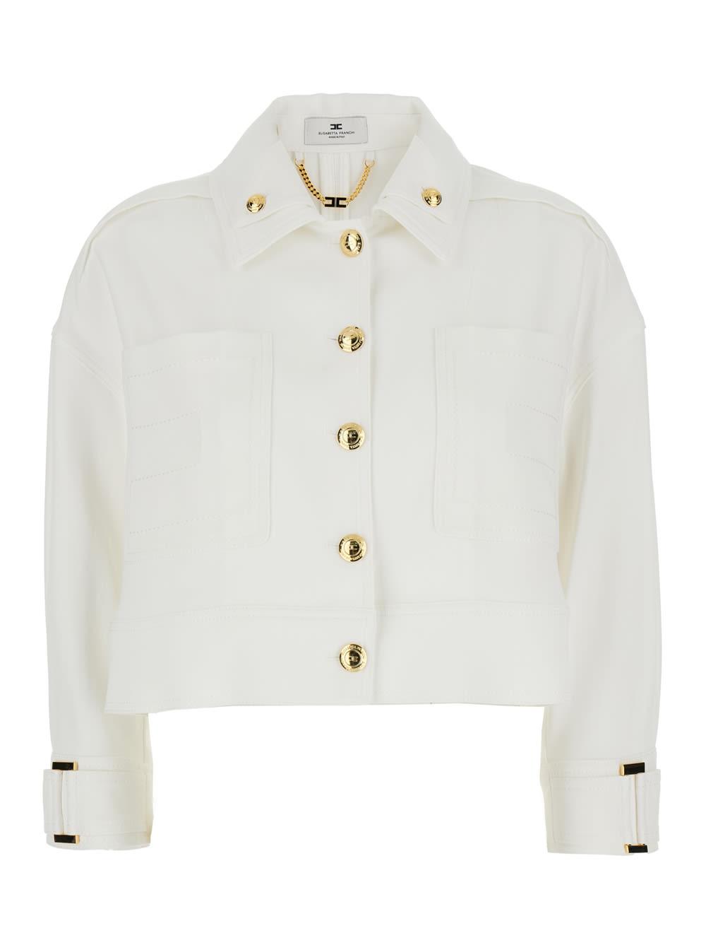 elisabetta franchi white jacket with jewel button collar in stretch viscose for women