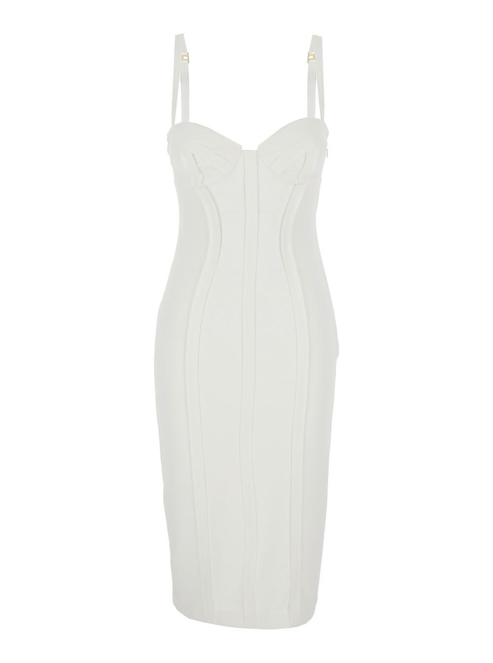 elisabetta franchi white sleeveless dress with bustier neckline and single vent at the back in stretch tech fabric for women