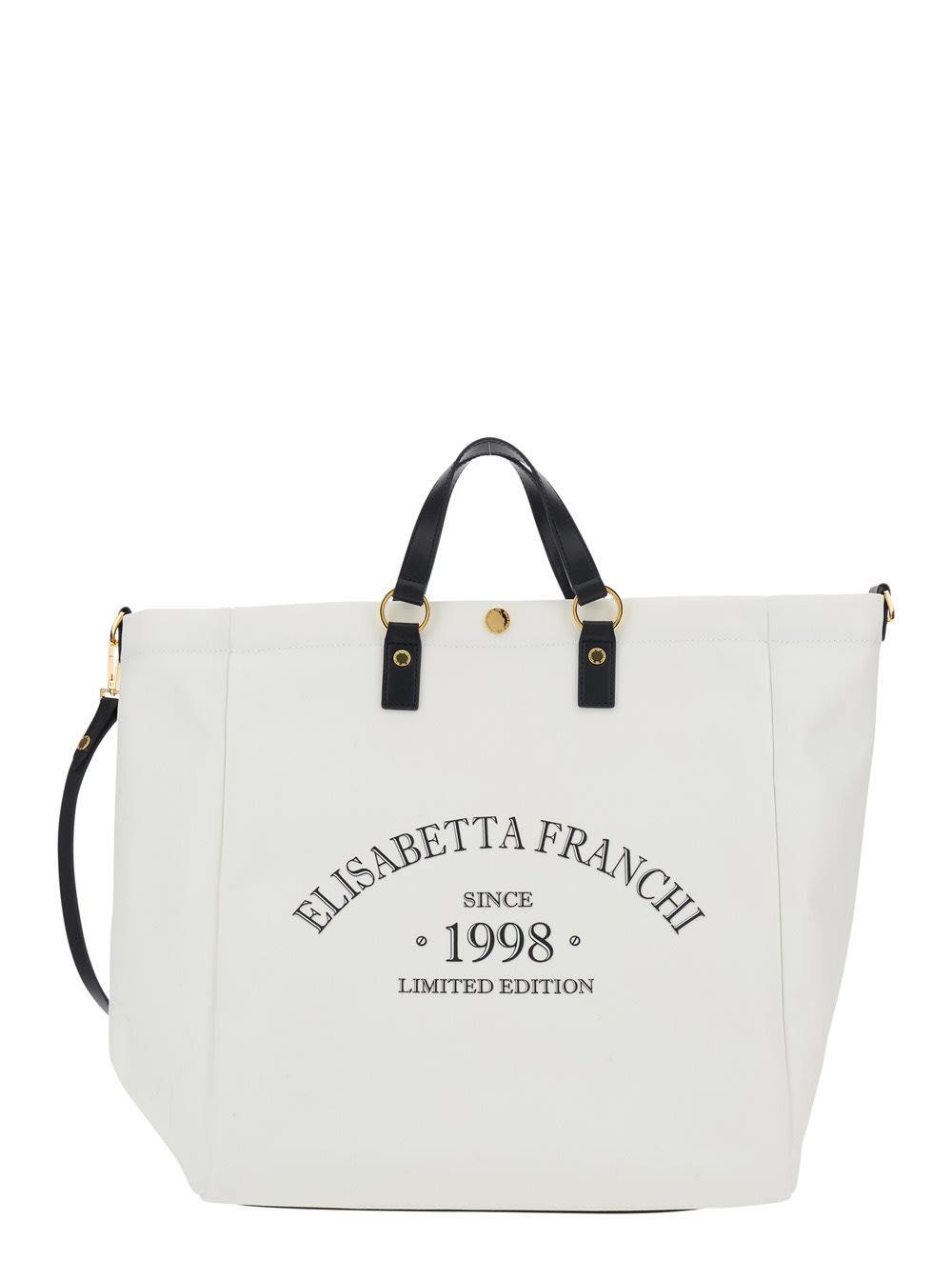 elisabetta franchi white tote bag with logo lettering on the front and adjustable and removable cotton strap white woman