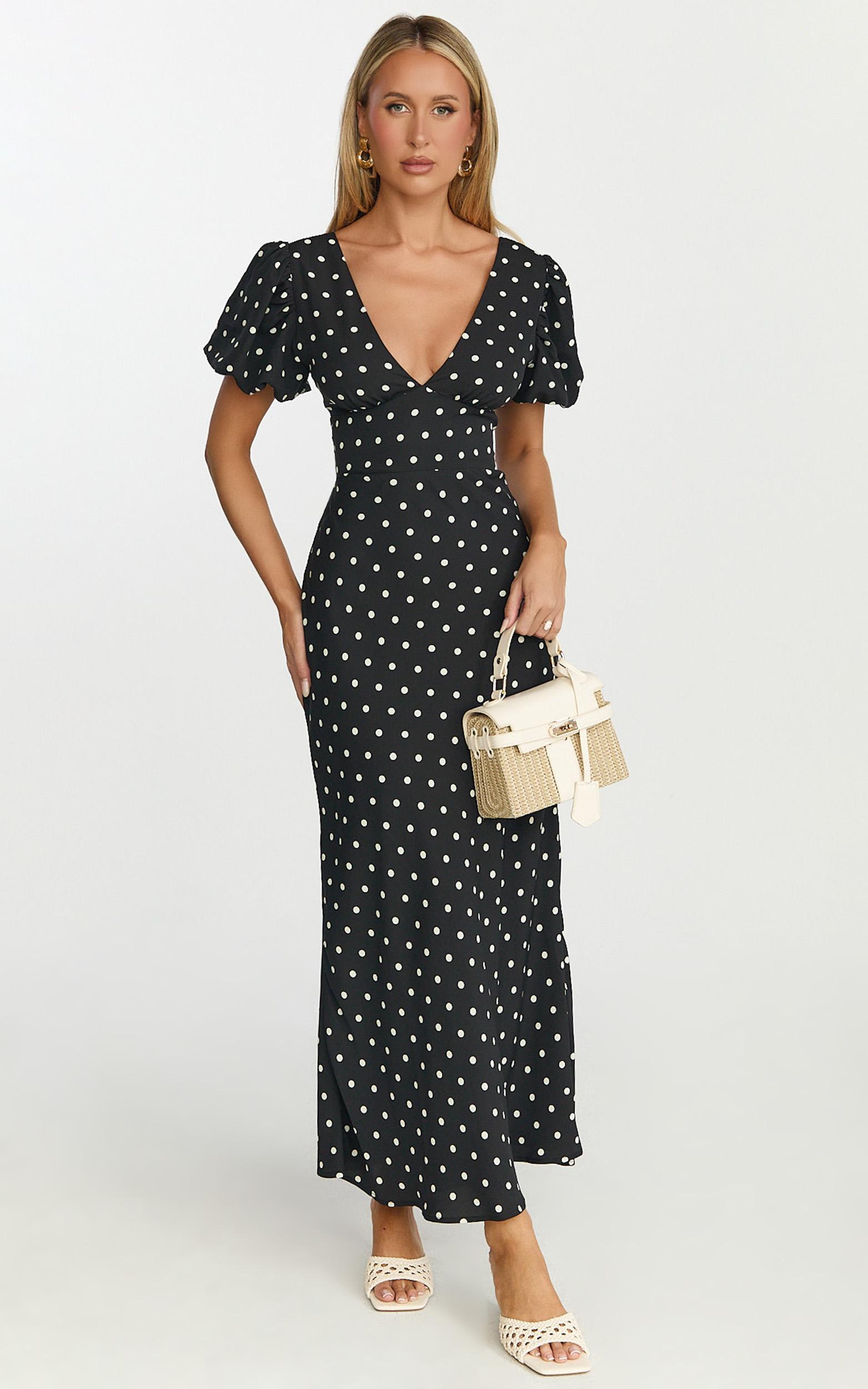 elise midi dress - v neck puff sleeve dress in black polka