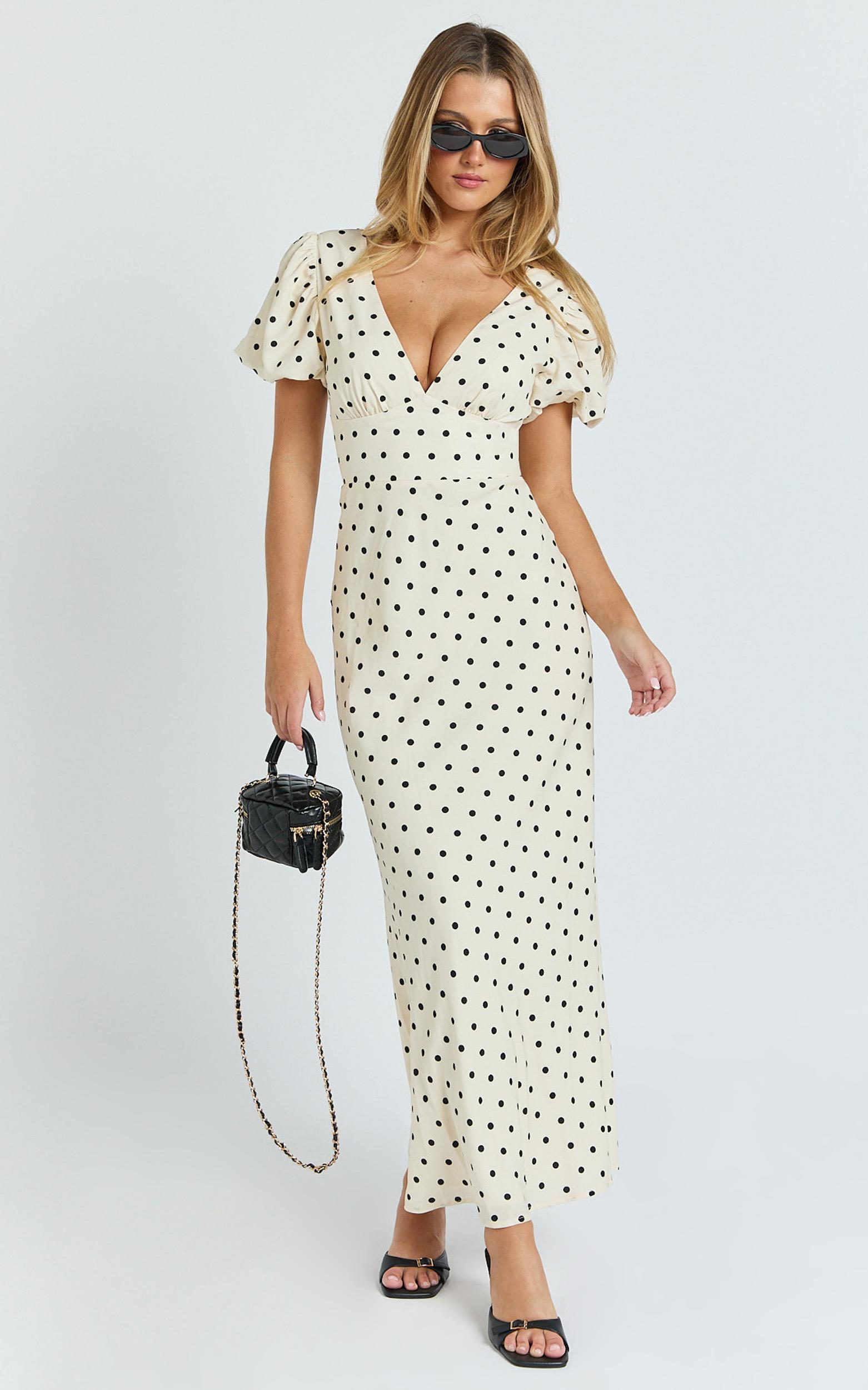 elise midi dress - v neck puff sleeve dress in white polka dot