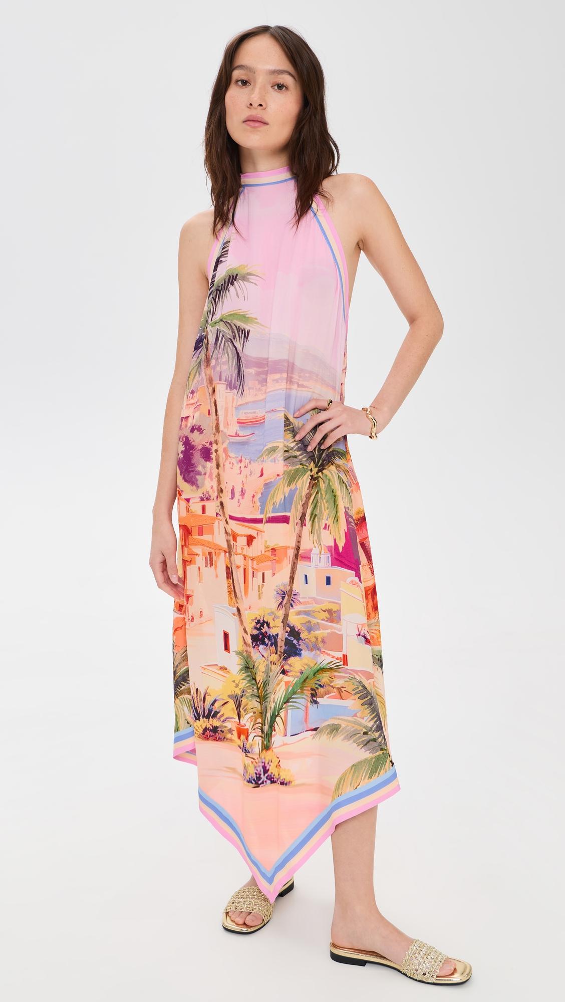 elise postcard print halter midi dress