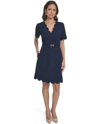 eliza j womens scalloped hem v neck short dress