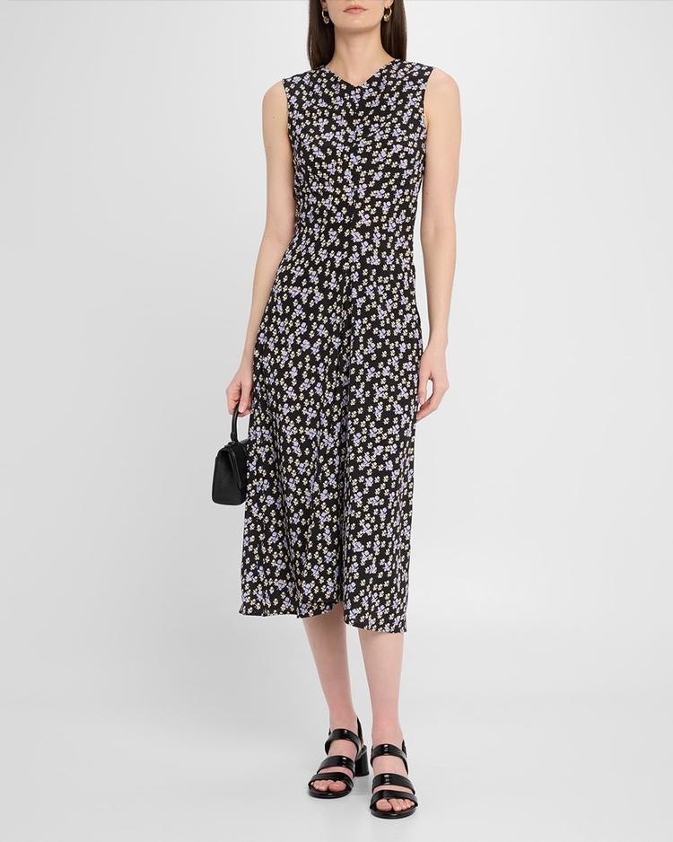 ella floral ruched satin midi dress