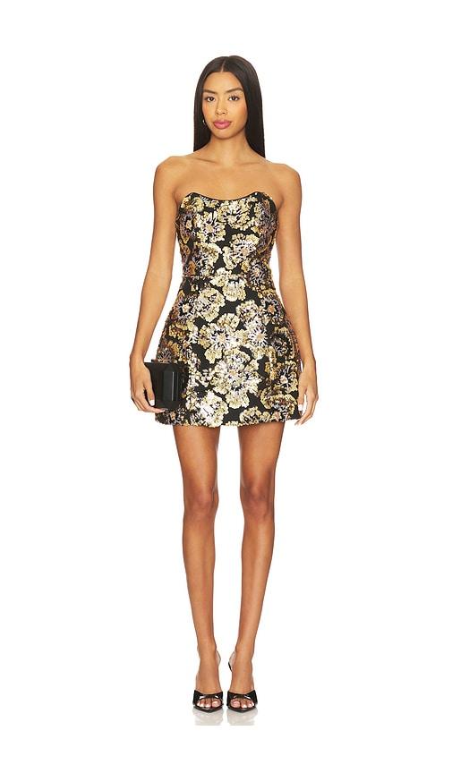 elliatt celeste strapless mini dress in metallic gold.