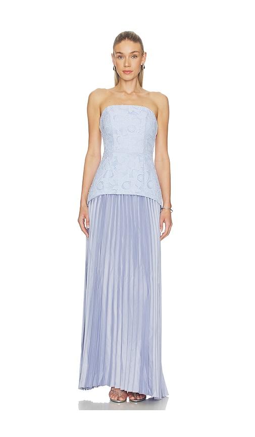 elliatt lacy strapless gown in blue.