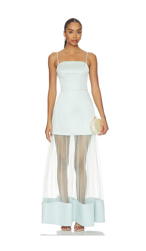 elliatt marcella strapless gown in seafoam in teal.