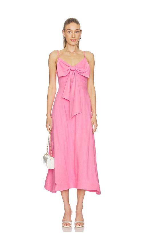 elliatt miri v-neck bow midi dress in pink.