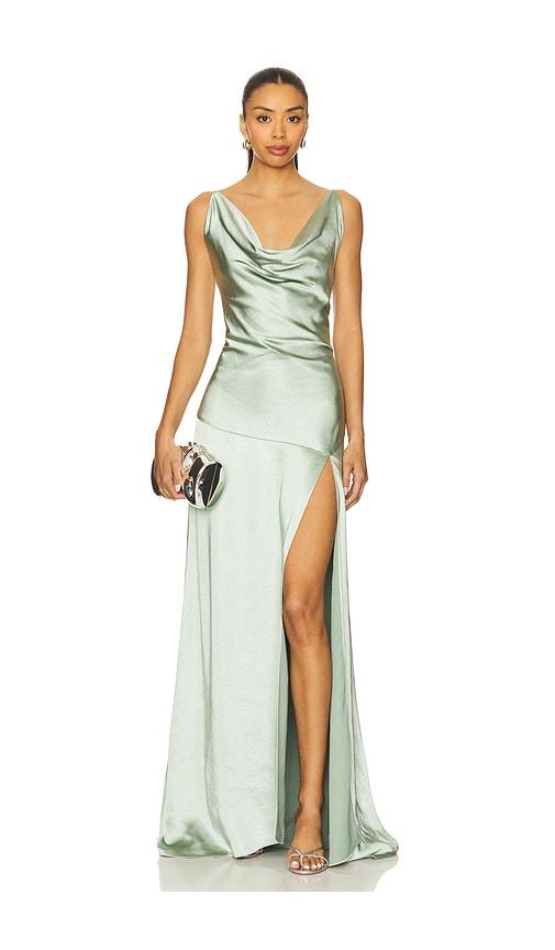 elliatt x revolve drape satin gown in sage.