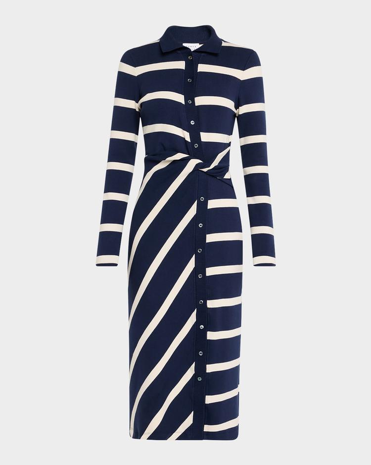 ellicot stripe asymmetric buttoned midi dress