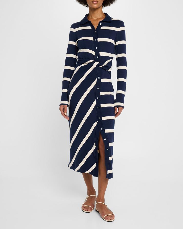 ellicot stripe asymmetric buttoned midi dress
