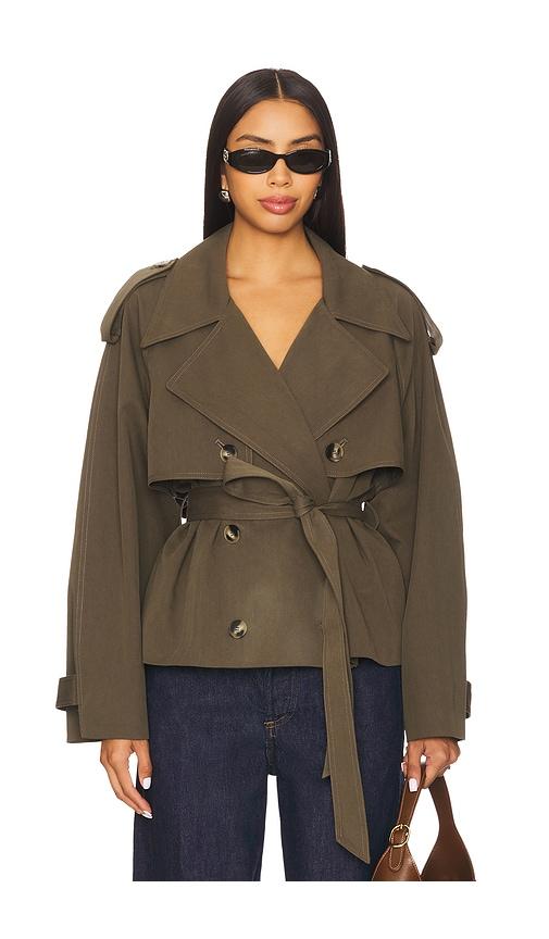 elodie the label elodie eleanor cropped trench coat in olive.