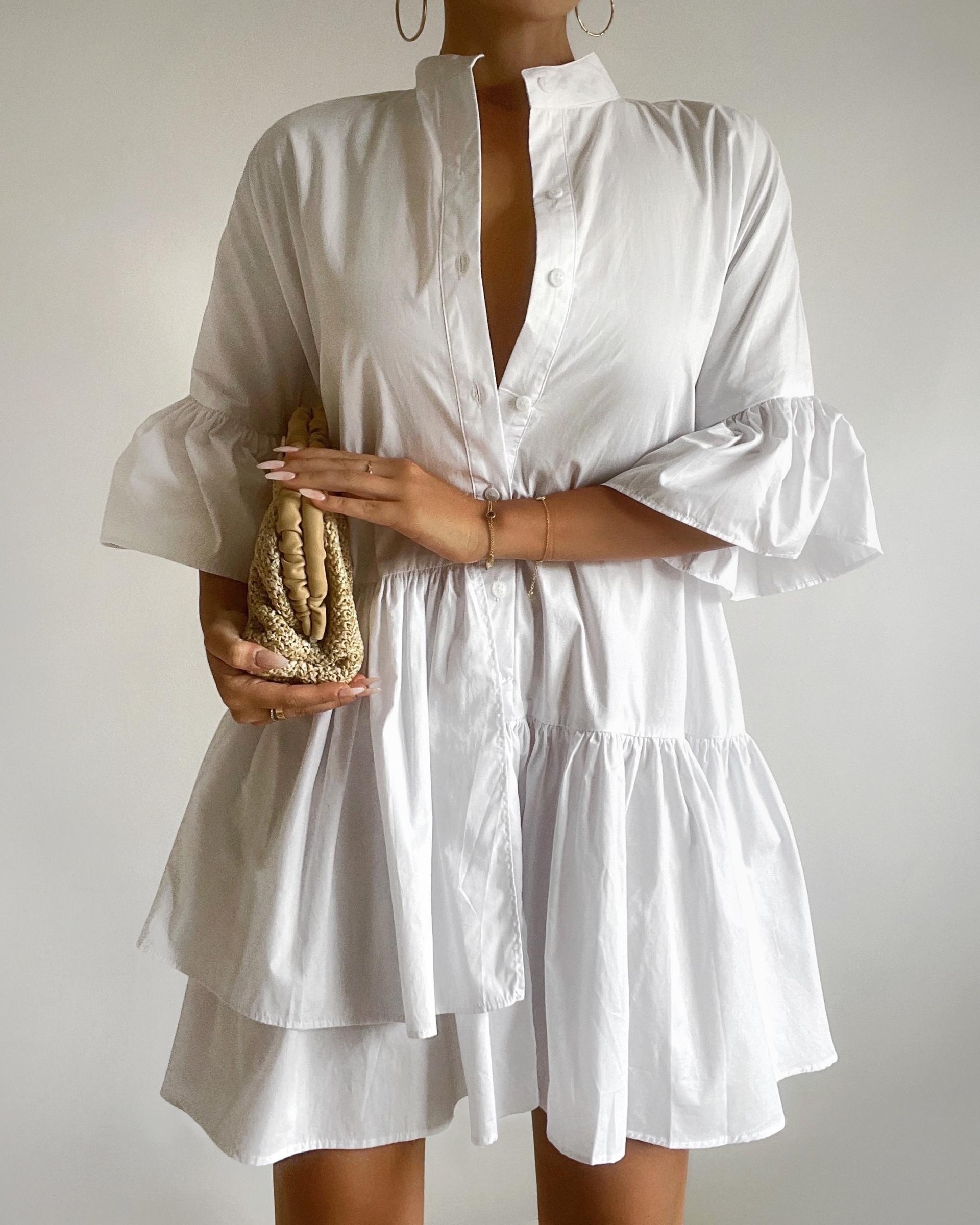 elowen mini dress - button up asymmetrical tiered smock dress in white