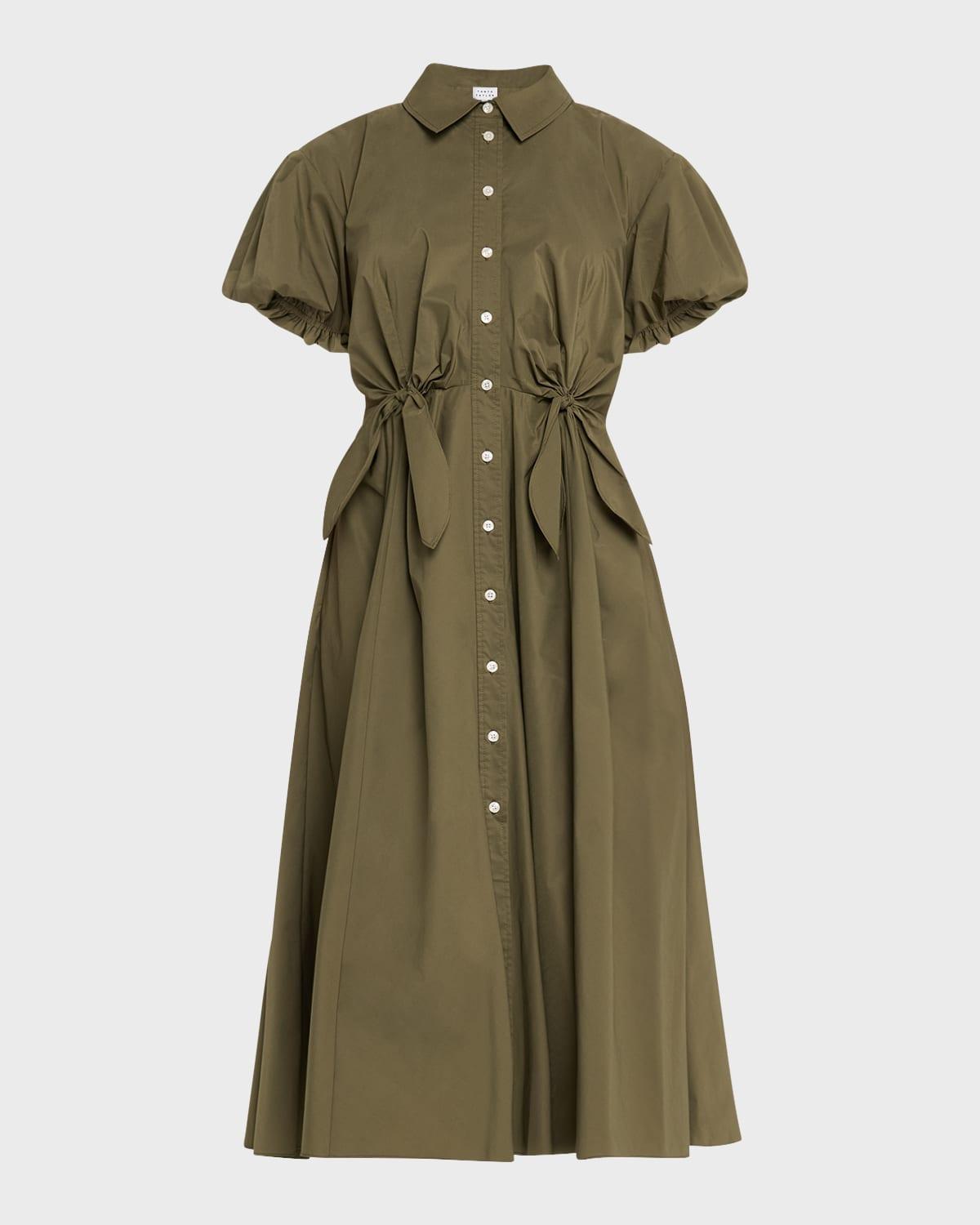 elza puff-sleeve tie-waist midi shirtdress