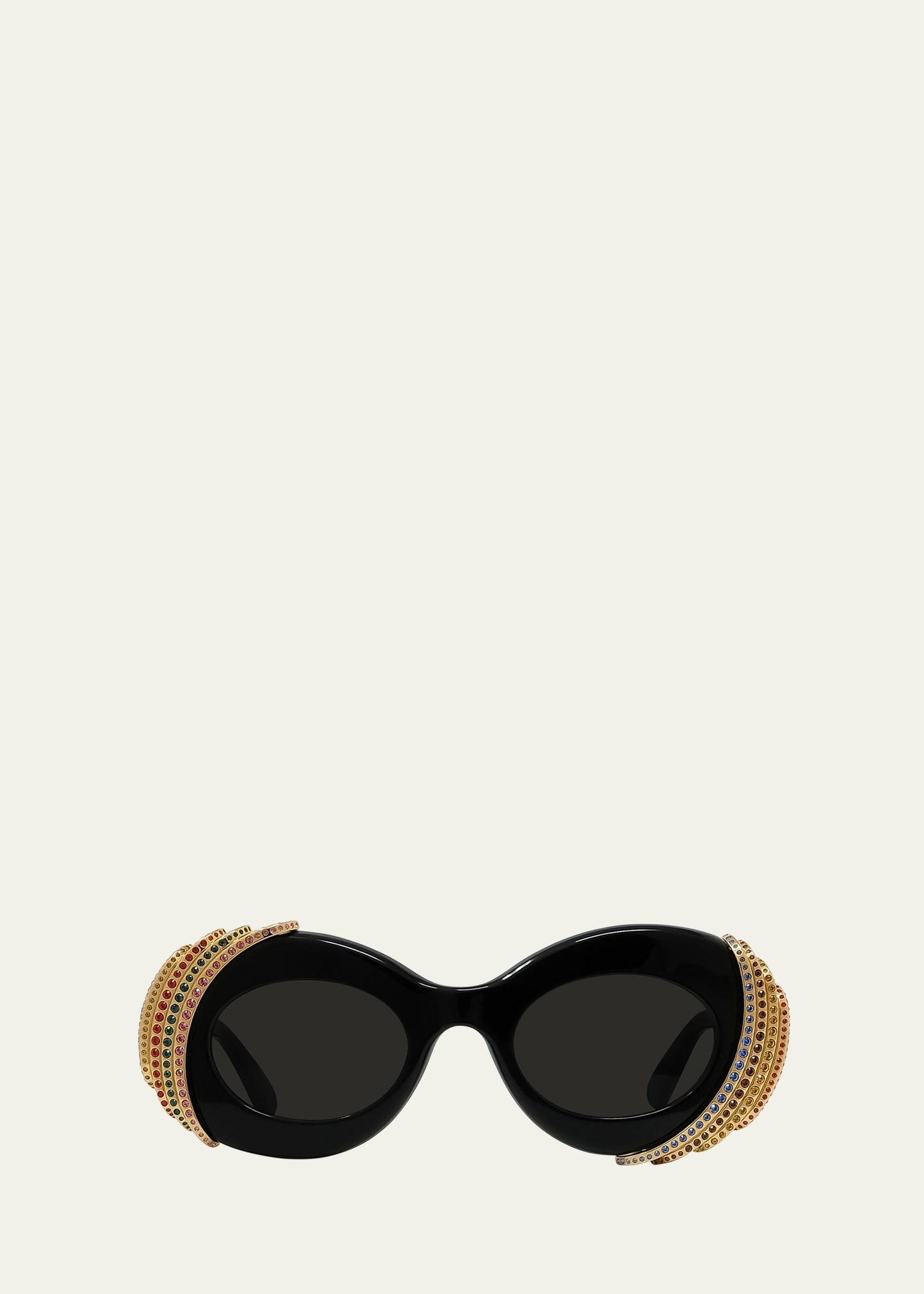embellished acetate & metal oval sunglasses