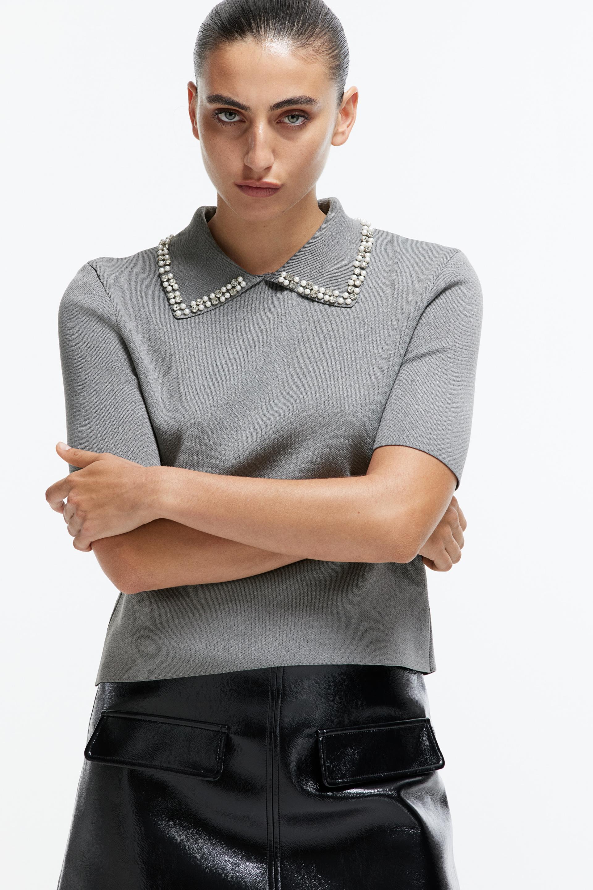 embellished-collar knit top
